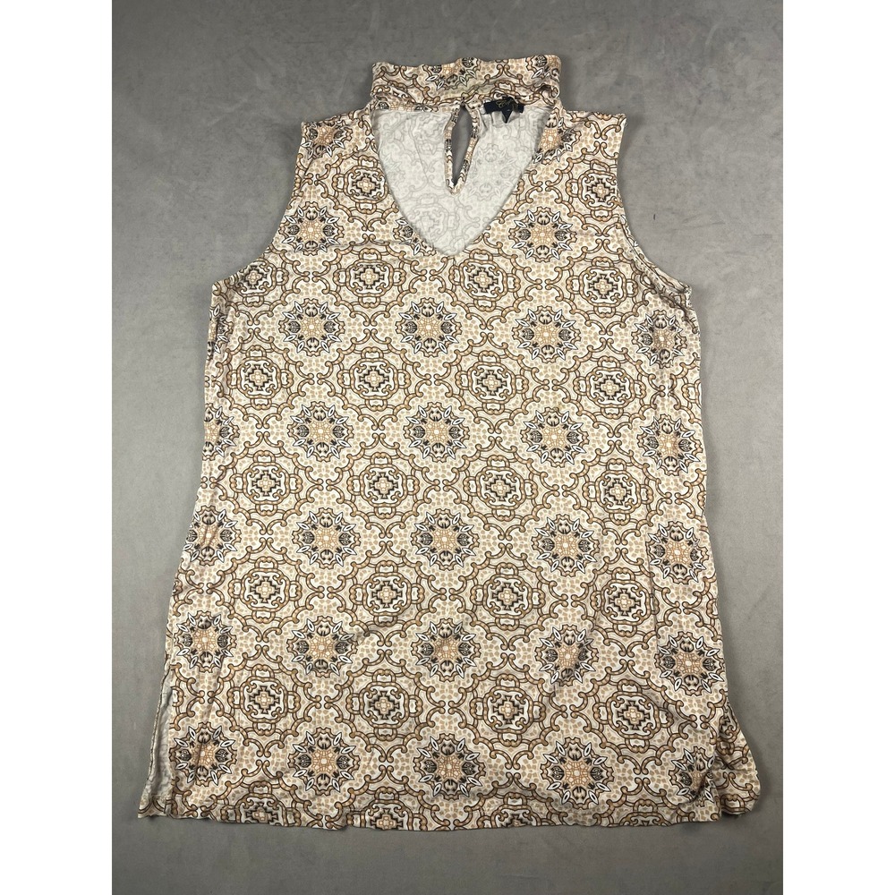 Cupio Womens XL Medallion Print Halter V-Neck Mock Neck Sleeveless Top Beige Tan